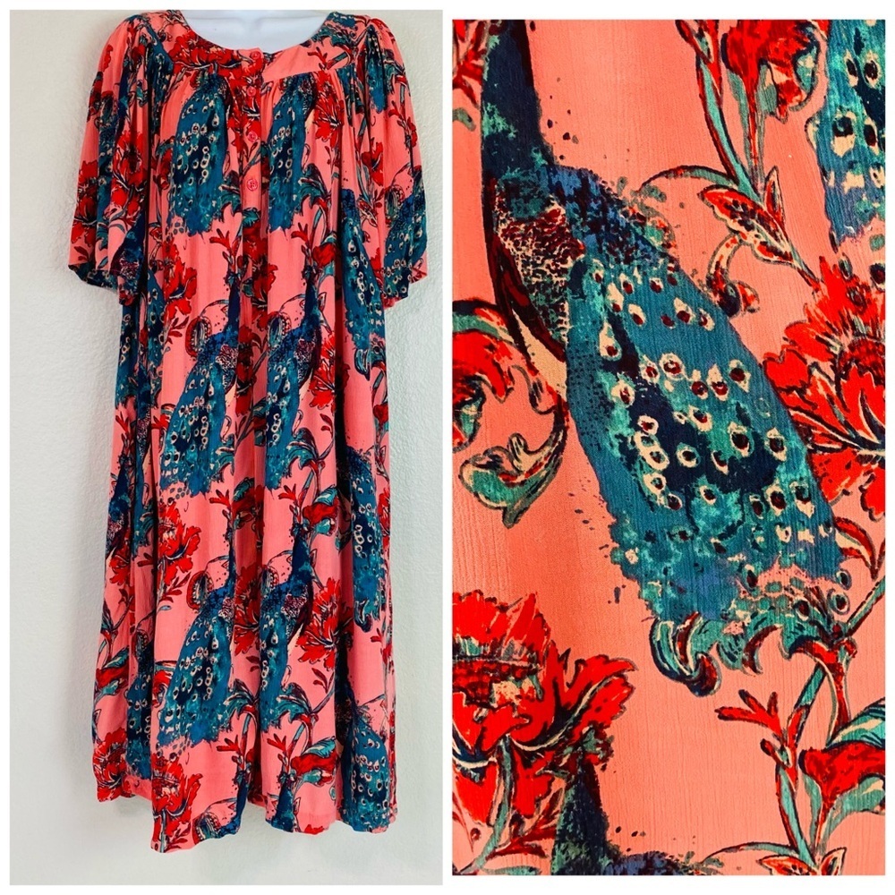 Go Softly Patio Coral Peacock Print House Dress Size L